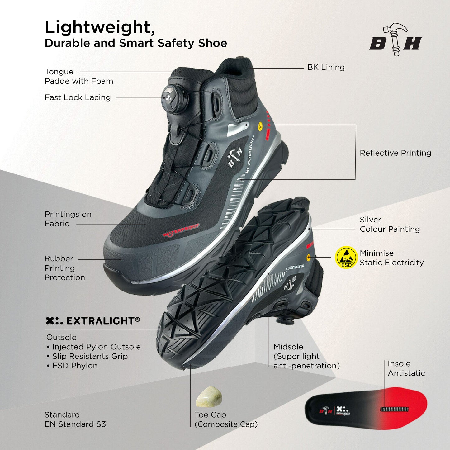 Black Hammer Pro Series Men Low Cut ESD Fastlock Light Weight Safety Shoe BHS-22004 Aluminium Toe Cap . Ultra Light Weight Safety Shoes. Best safety shoes malaysia. Composite Toe-cap. ESD Safety Shoes