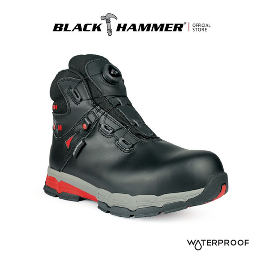 BLACK HAMMER Pro Series Safety Shoes Malaysia: Genuine Leather, EVA/Rubber Outsole, Waterproof, Composite Toe Cap, Kevlar Midsole. Ultimate protection for you. BLACK HAMMER BH-1107-RS Safety Shoes