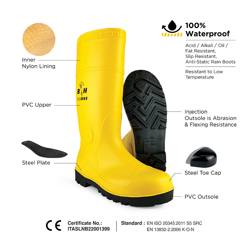 Black Hammer Safety Rain Boots with Steel Toe Cap and Steel Midsole BH(LL2)Yellow - BLACK SAFE OUTLET