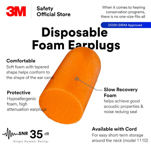 3M™ 1100 Soft Foam Uncorded Earplugs SNR 35 dB/ Sleeping Earplug/ Travel Earplugs (10 Pairs) EP_ PSD_