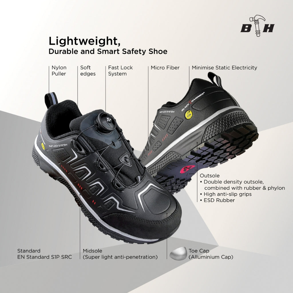 Black Hammer Pro Series Men Low Cut ESD Fastlock Light Weight Safety Shoe BHS-22001 Aluminium Toe Cap . Ultra Light Weight Safety Shoes. Best safety shoes malaysia. Composite Toe-cap. ESD Safety Shoes