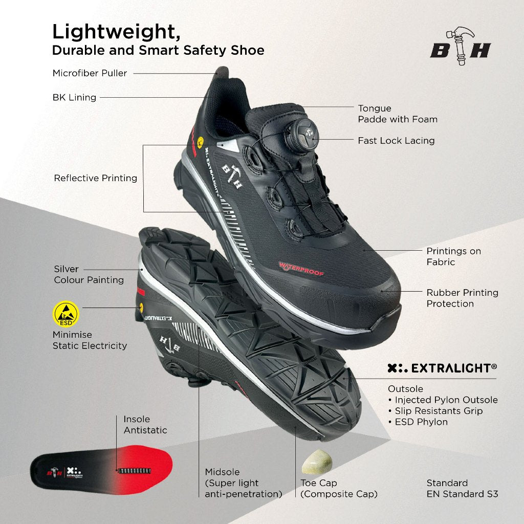 Black Hammer Pro Series Men Low Cut ESD Fastlock Light Weight Safety Shoe BHS-22003 Aluminium Toe Cap . Ultra Light Weight Safety Shoes. Best safety shoes malaysia. Composite Toe-cap. ESD Safety Shoes