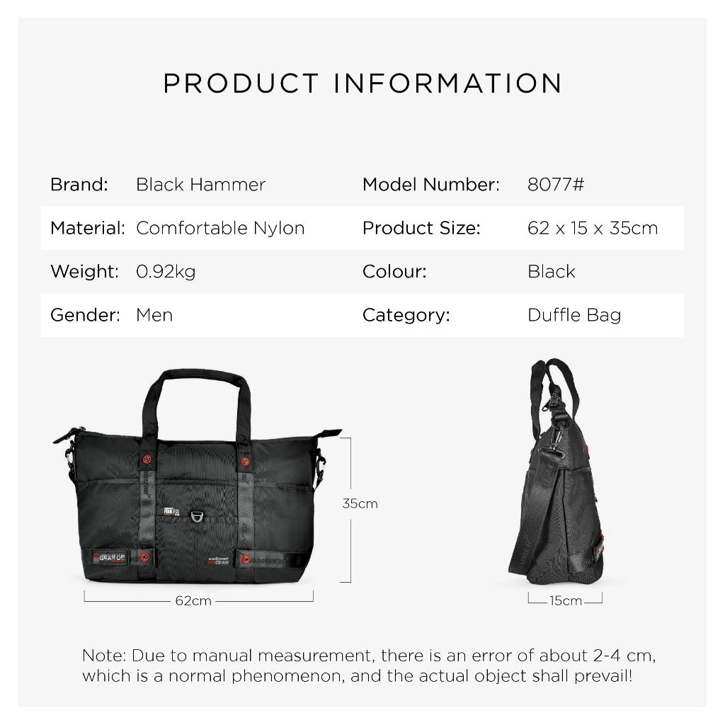 Black Hammer Men Duffle Gym Bag 8077