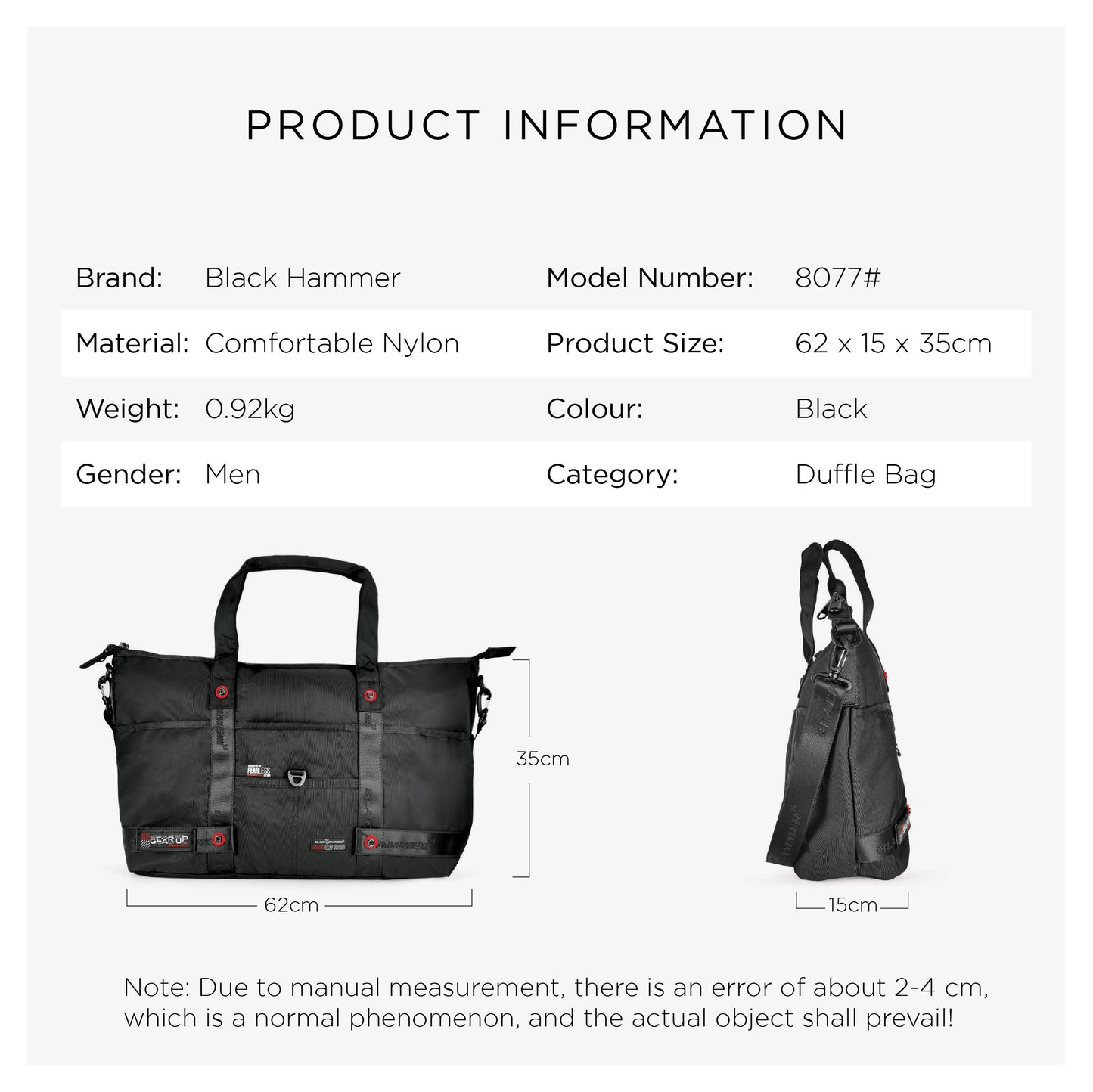 Black Hammer Men Duffle Gym Bag 8077