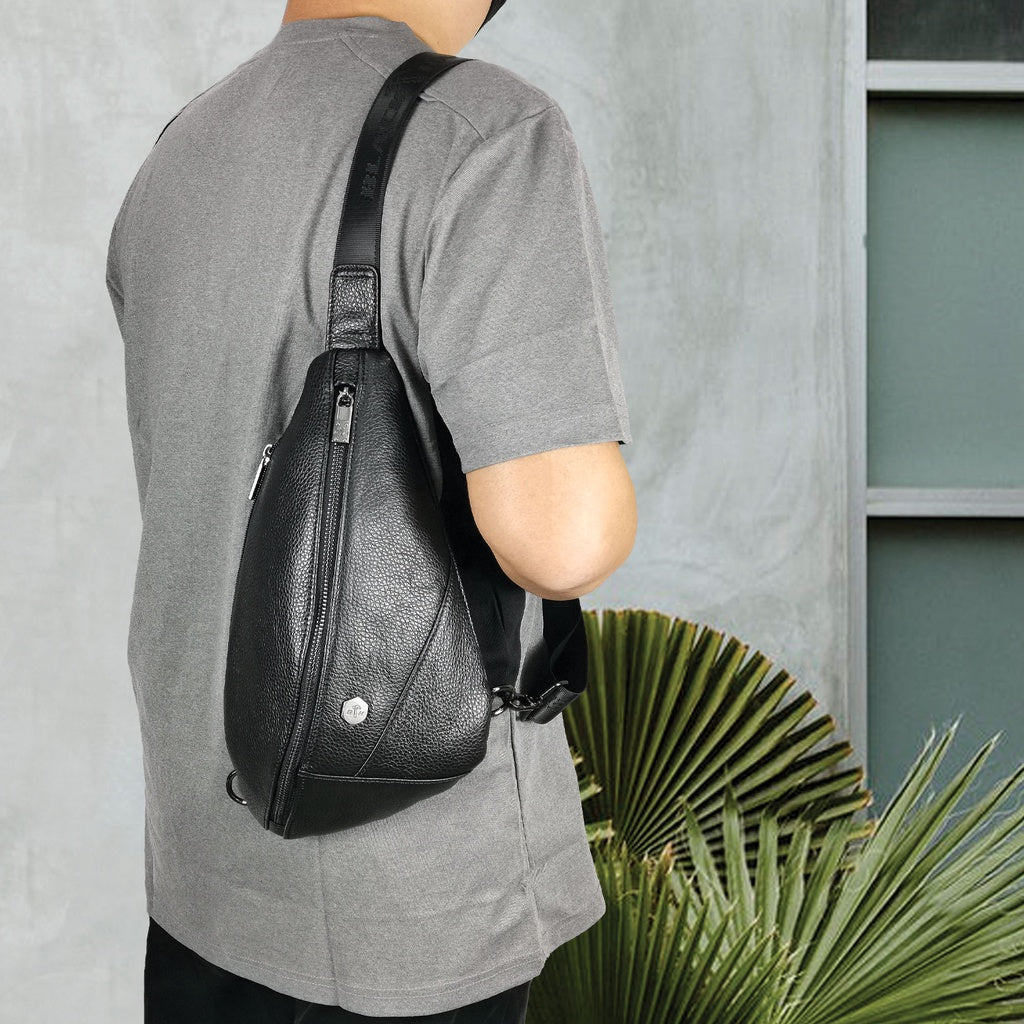 Black Hammer Men Genuine Leather Chest Bag RG8028 - BLACK SAFE OUTLET