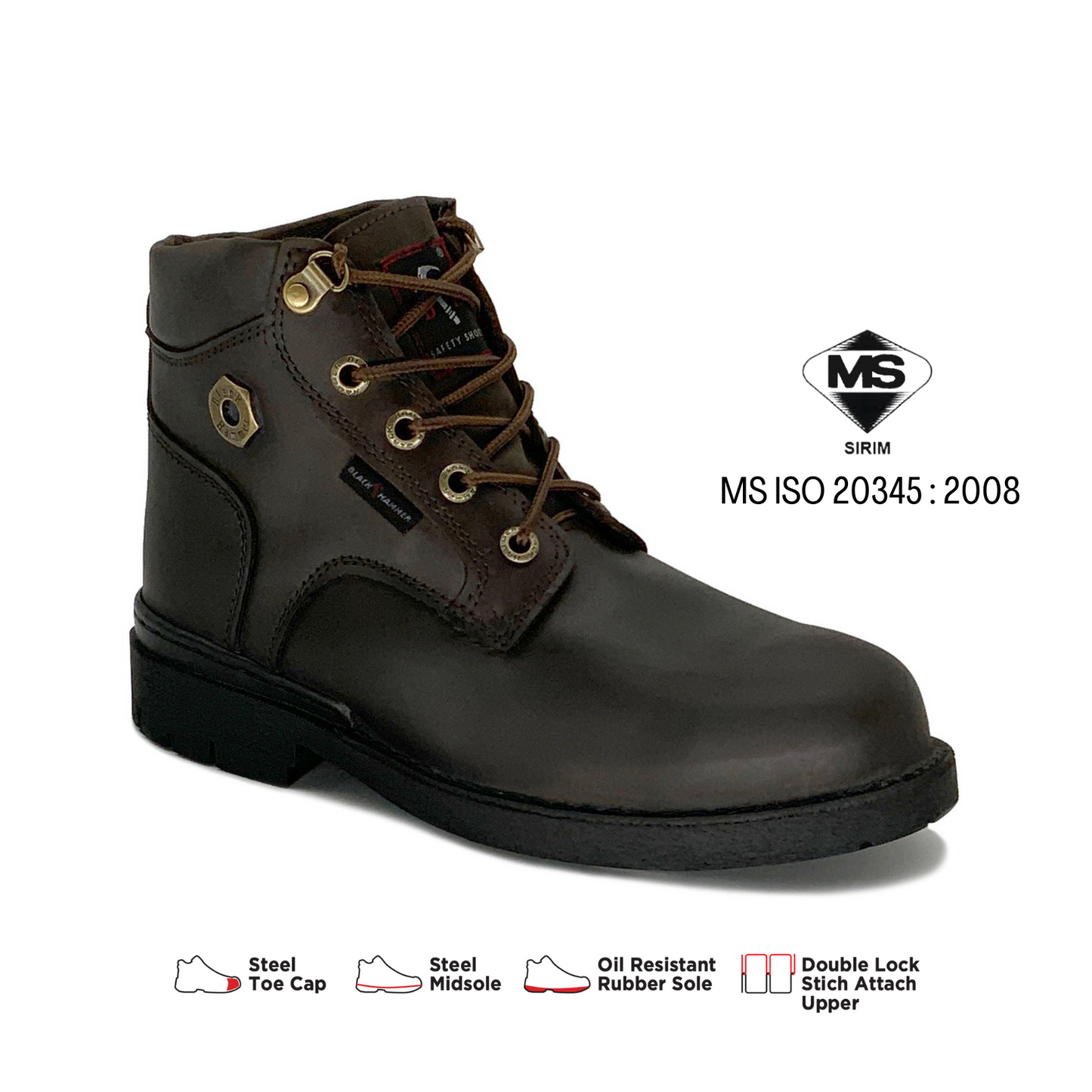 Black Hammer 4000 Series Mid Cut Safety Shoes BH4660 (SIRIM APPROVED) - BLACK SAFE OUTLET