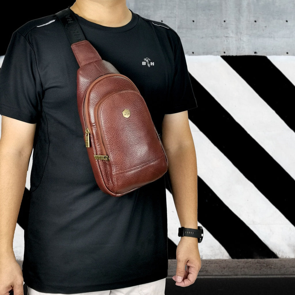 Black Hammer Men Genuine Leather Chest Bag RG8011 - BLACK SAFE OUTLET