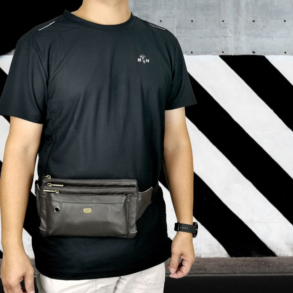 Black Hammer Men Genuine Leather Waist Bag RG9803 - BLACK SAFE OUTLET
