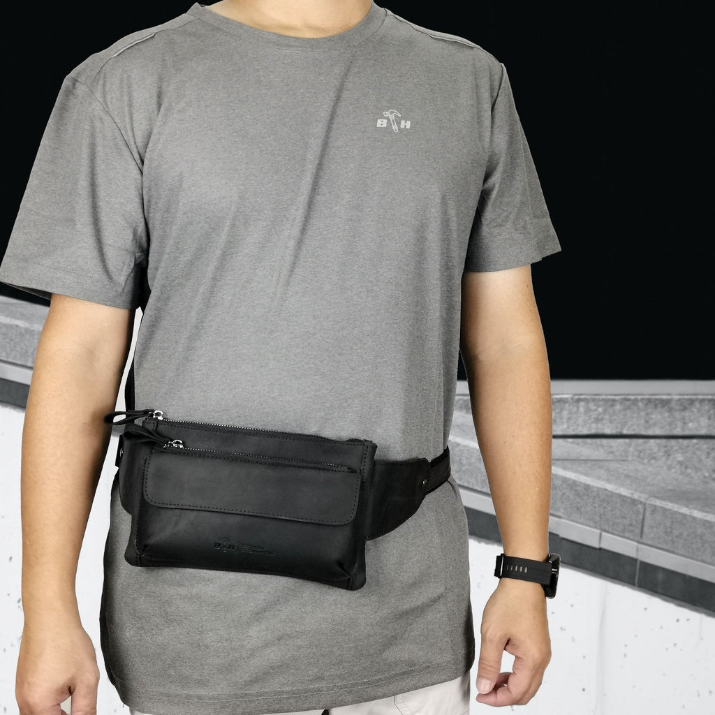 Men Genuine Leather Waist Bag H200404 - BLACK SAFE OUTLET