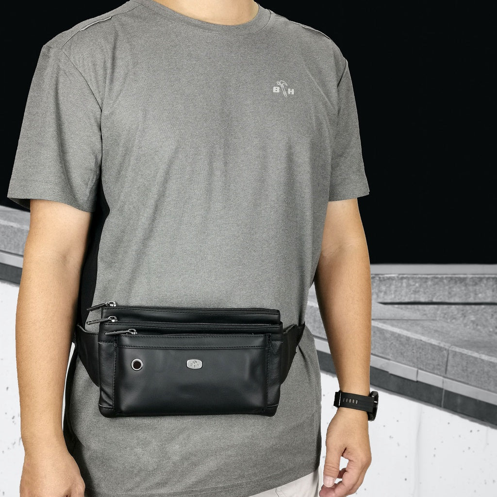 Black Hammer Men Genuine Leather Waist Bag RG9803 - BLACK SAFE OUTLET