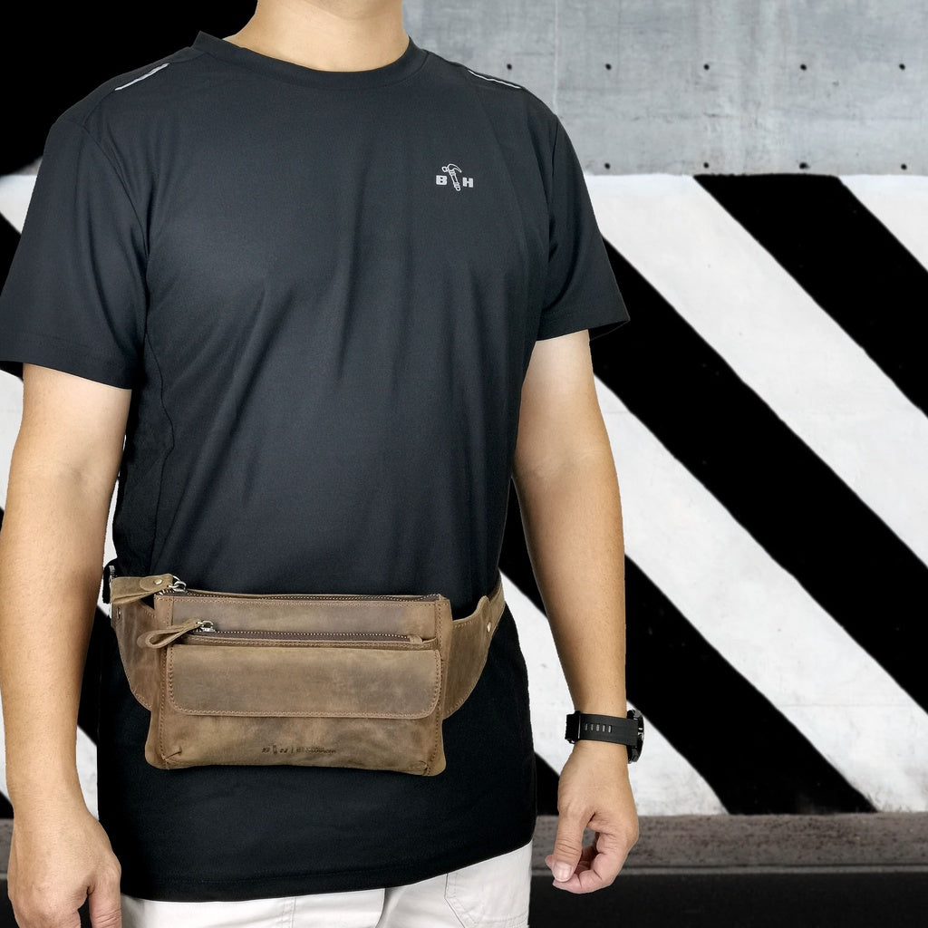 Men Genuine Leather Waist Bag H200404 - BLACK SAFE OUTLET