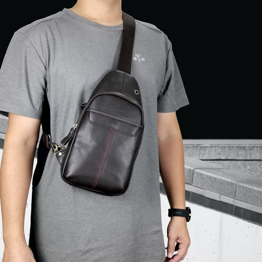 Black Hammer Men Genuine Leather Chest Bag H15609A - BLACK SAFE OUTLET