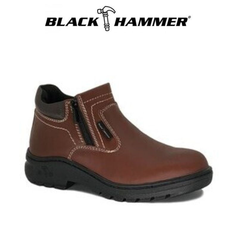 Black Hammer Mid Cut Double Zip Safety Shoes Genuine Leather Oil Resistant Nail Proof