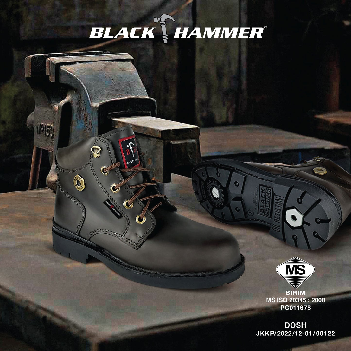 Black Hammer 4000 Series Mid Cut Safety Shoes BH4660 (SIRIM APPROVED) - BLACK SAFE OUTLET