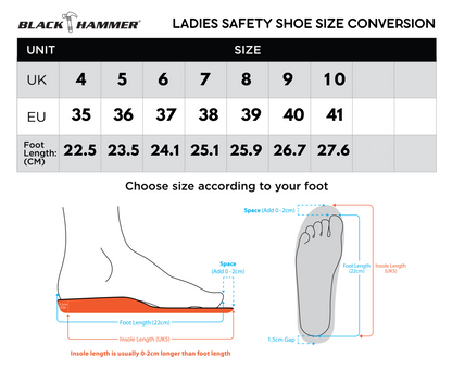 Black Hammer Mid Cut Lace Up Ladies Safety Shoes BH 3888 - BLACK SAFE OUTLET