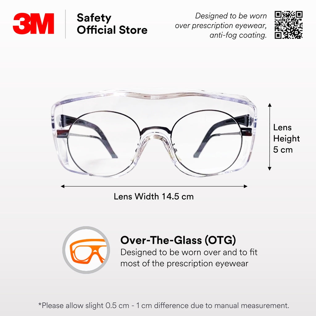 3M™ OX1000 Safety Eyewear 12163 / Over Spectacle / Protective Glasses/Anti-Fog [Clear/ Transparent Lens]