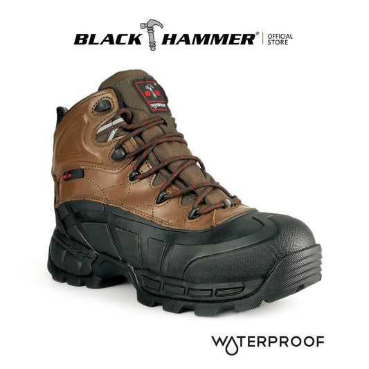 Black Hammer Men WATERPROOF Mid Cut with Shoelace Safety Shoe BHS201611 - BLACK SAFE OUTLET