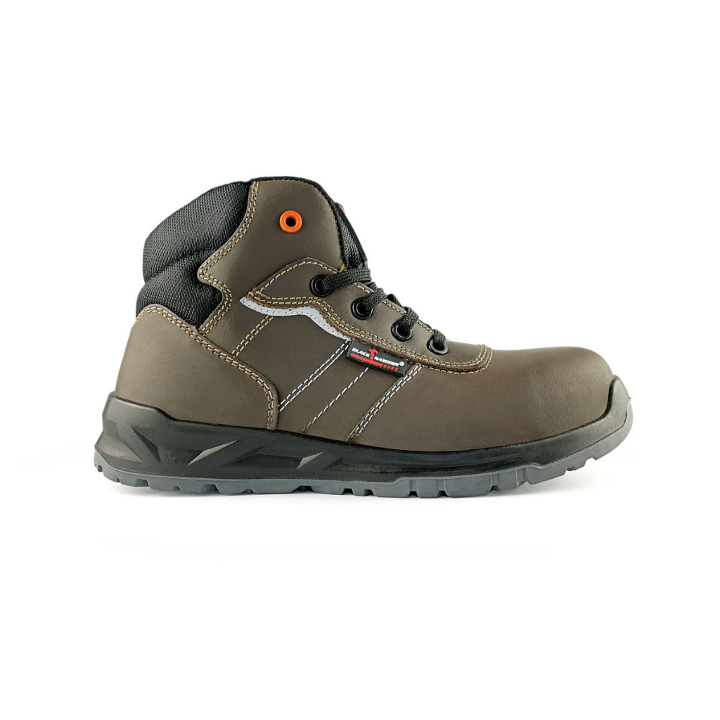 Black Hammer Men Mid Cut with Shoelace Safety Shoes BH-1504-BI - BLACK SAFE OUTLET