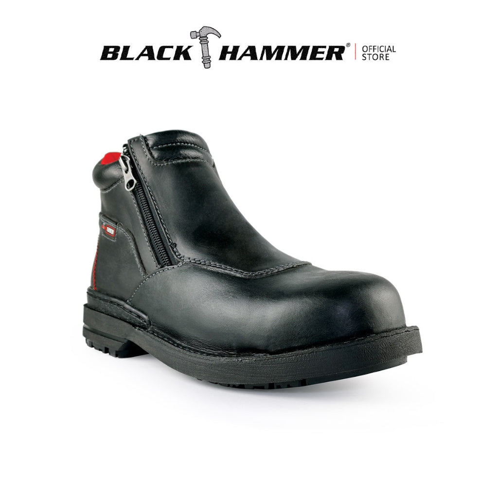Blackhammer Mid Cut & Double Zip Steel Toe Cap Durable Genuine Leather Safety Shoes with oil-resistant stitching rubber outsole
