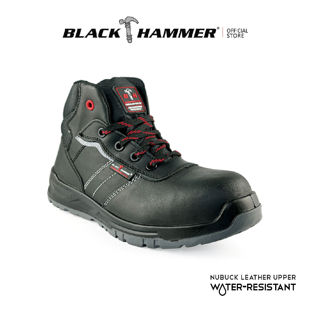 Black Hammer Men Mid Cut with Shoelace Safety Shoes BH-1504-BI - BLACK SAFE OUTLET