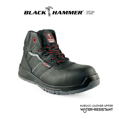 Black Hammer Men Mid Cut with Shoelace Safety Shoes BH-1504-BI - BLACK SAFE OUTLET