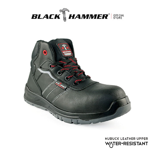 Black Hammer Men Mid Cut with Shoelace Safety Shoes BH-1504-BI - BLACK SAFE OUTLET