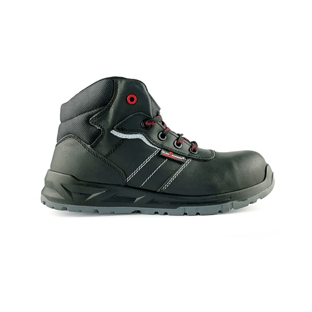 Black Hammer Men Mid Cut with Shoelace Safety Shoes BH-1504-BI - BLACK SAFE OUTLET