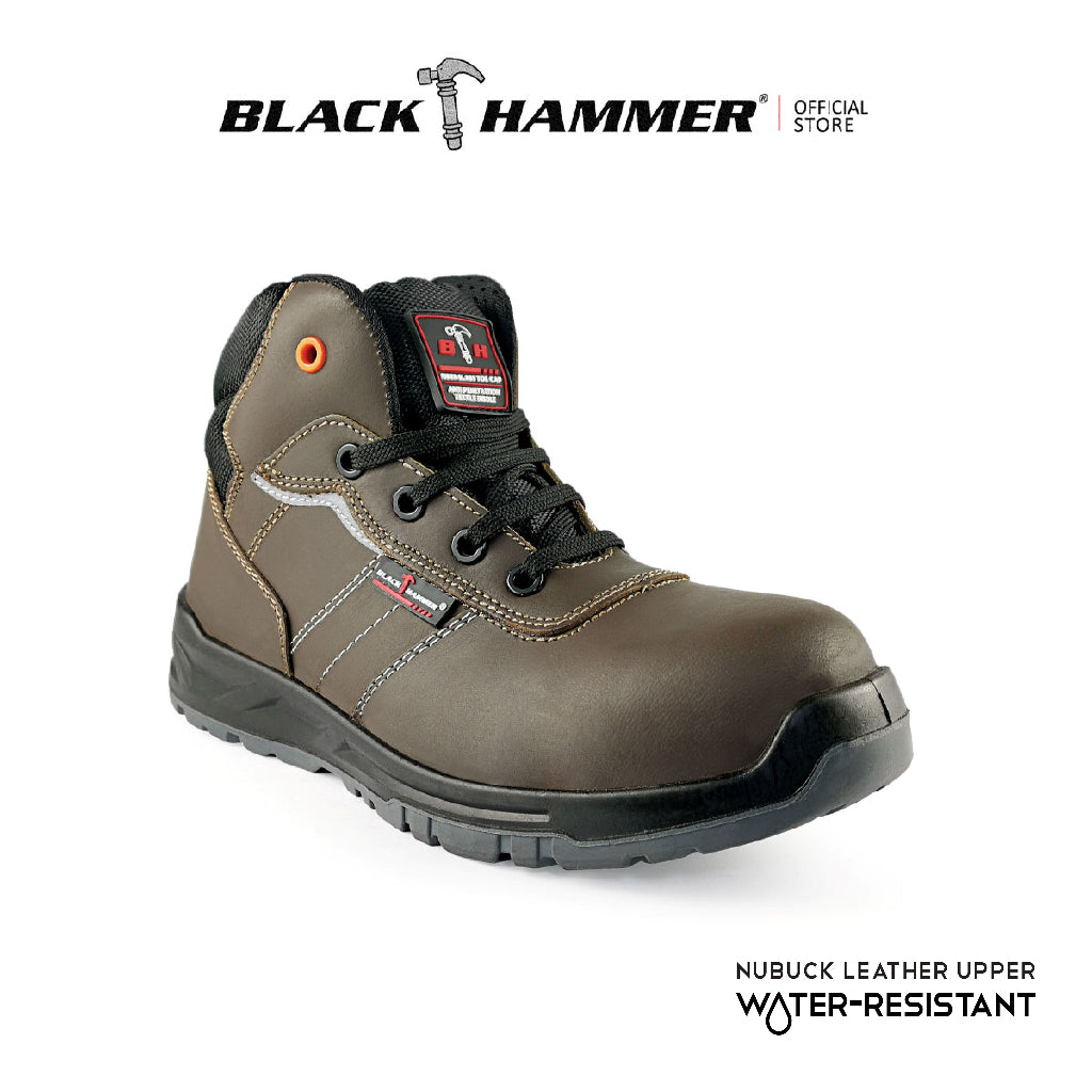 Black Hammer Men Mid Cut with Shoelace Safety Shoes BH-1504-BI - BLACK SAFE OUTLET