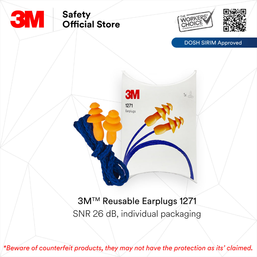 3M™ 1271 Reusable Earplugs /Corded/ SNR 26 dB/ DOSH SIRIM [1 Pair]