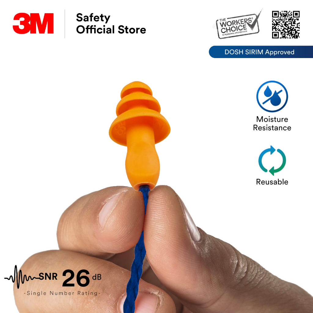 3M™ 1271 Reusable Earplugs /Corded/ SNR 26 dB/ DOSH SIRIM [1 Pair]