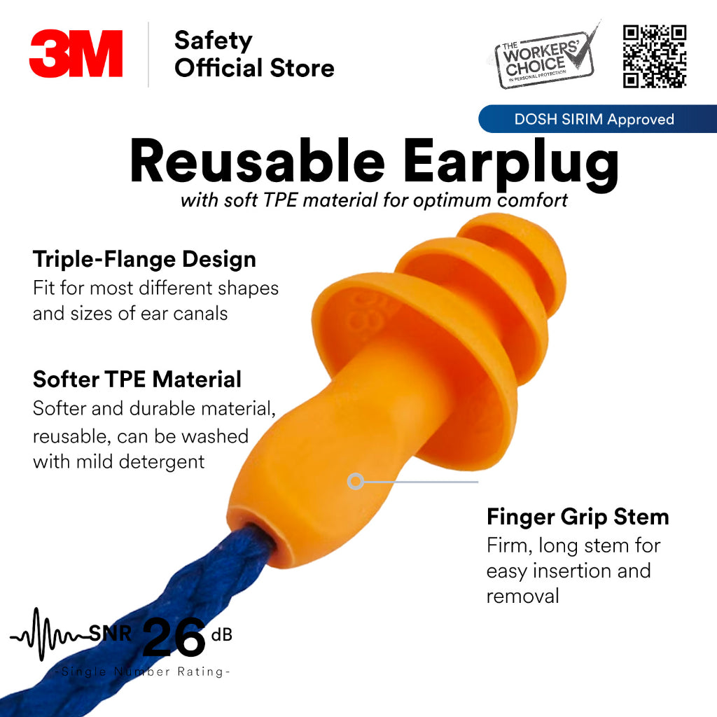 3M™ 1271 Reusable Earplugs /Corded/ SNR 26 dB/ DOSH SIRIM [1 Pair]
