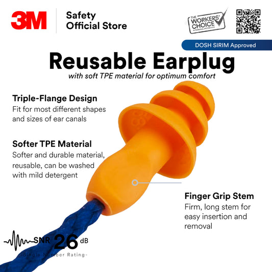 3M™ 1271 Reusable Earplugs /Corded/ SNR 26 dB/ DOSH SIRIM [1 Pair]