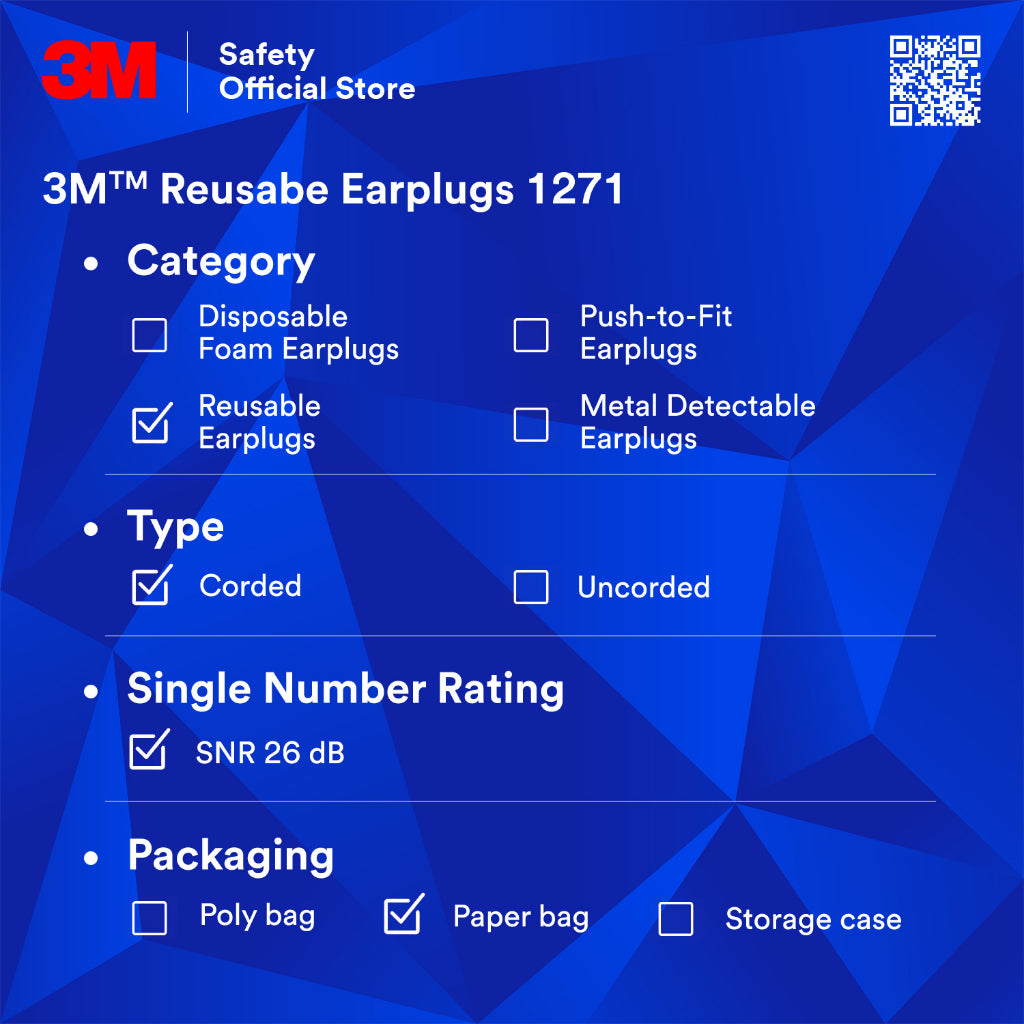 3M™ 1271 Reusable Earplugs /Corded/ SNR 26 dB/ DOSH SIRIM [1 Pair]