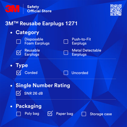 3M™ 1271 Reusable Earplugs /Corded/ SNR 26 dB/ DOSH SIRIM [1 Pair]