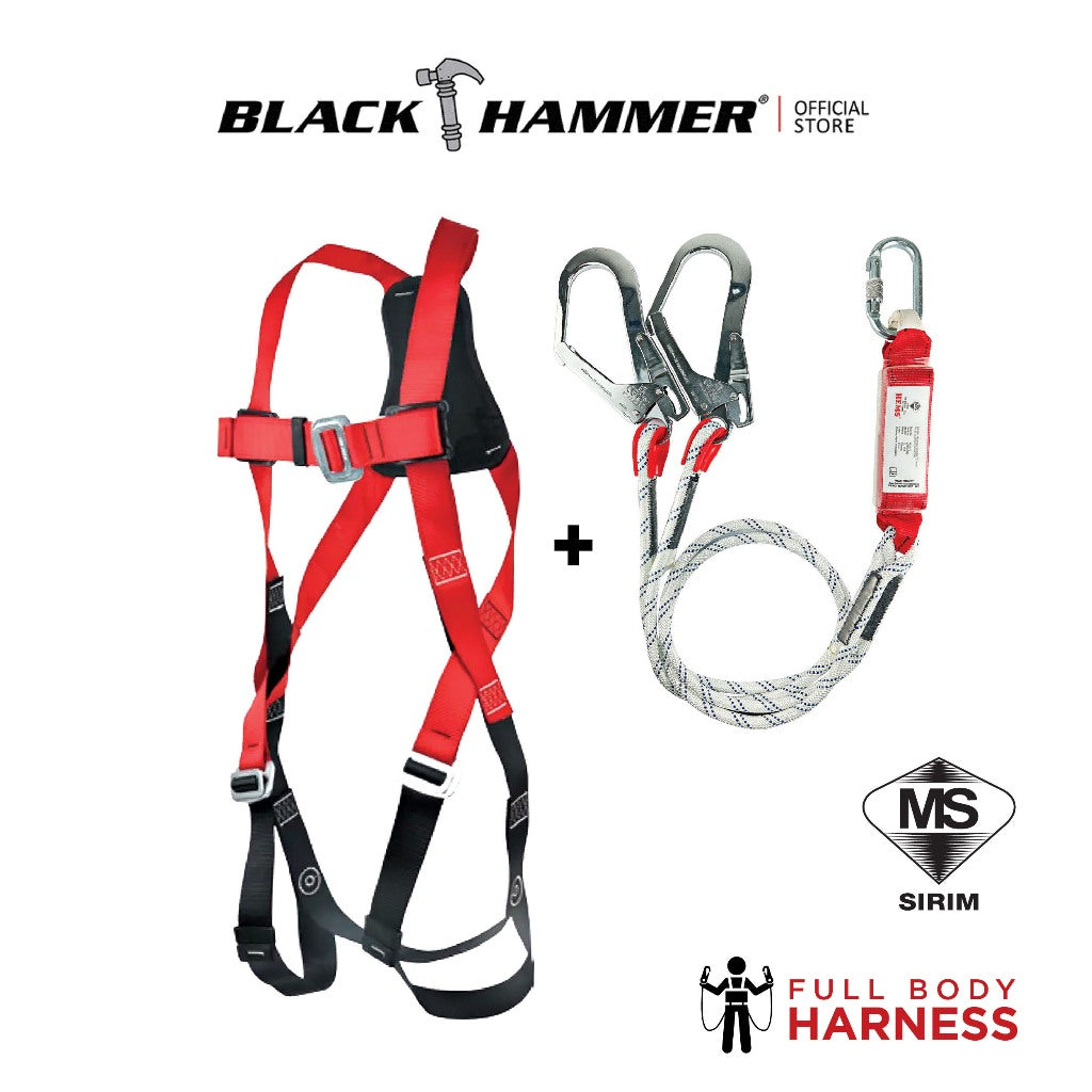 Black Hammer HEMS Full Body Harness and Double Lanyard with Big Hook Hems-3141 - BLACK SAFE OUTLET