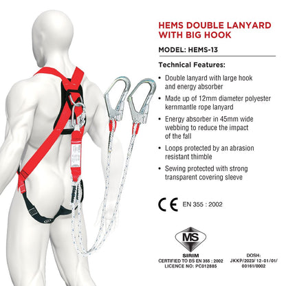 Black Hammer HEMS Full Body Harness and Double Lanyard with Big Hook Hems-3141 - BLACK SAFE OUTLET