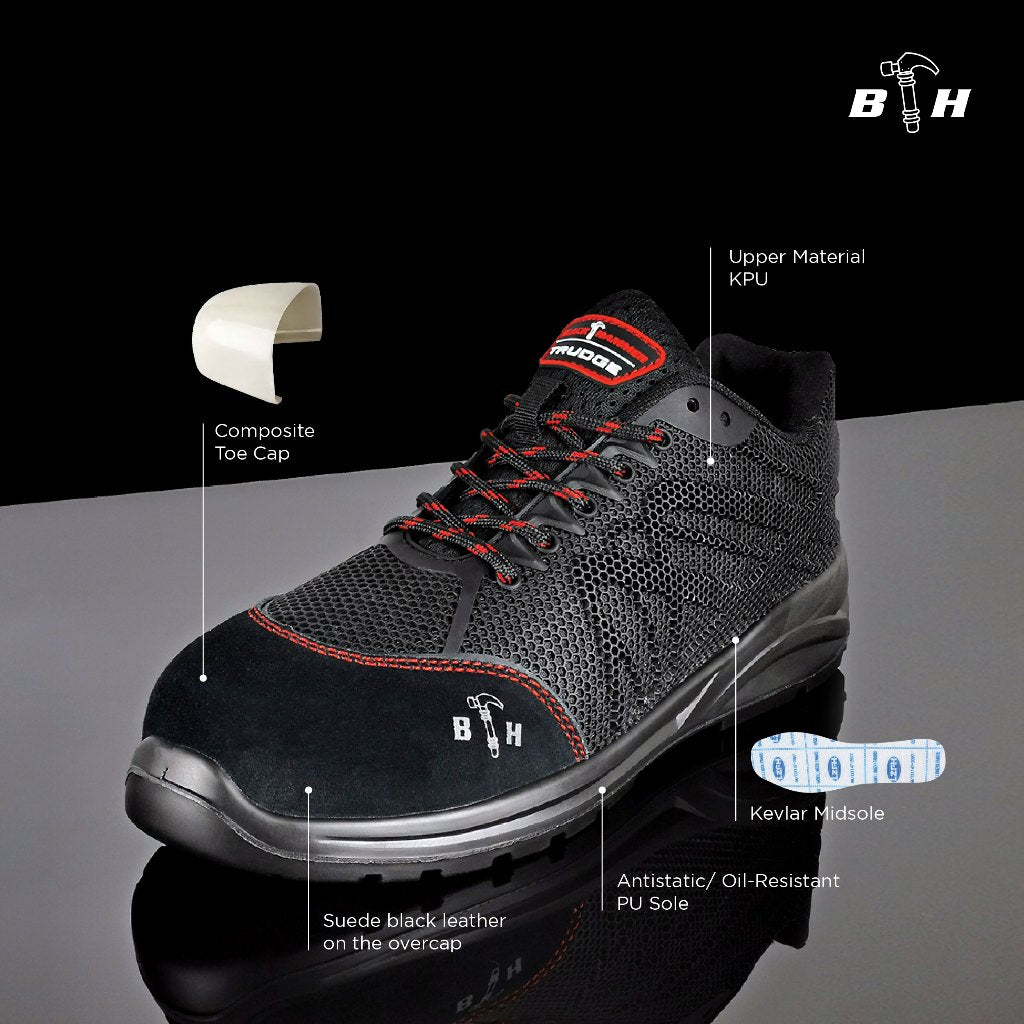 A Black Hammer Sport Series men's safety shoe (BH2016-008) in a three-quarter view, showing its low-cut athletic design and modern KPU and leather upper.
