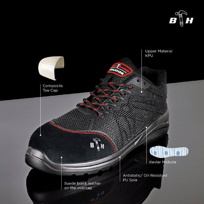 A Black Hammer Sport Series men's safety shoe (BH2016-008) in a three-quarter view, showing its low-cut athletic design and modern KPU and leather upper.