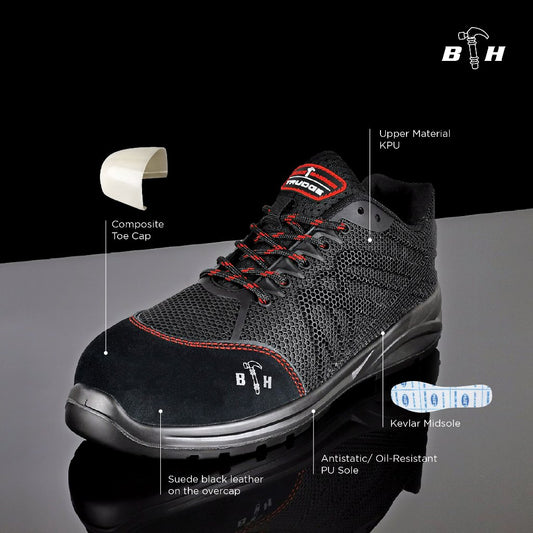 A Black Hammer Sport Series men's safety shoe (BH2016-008) in a three-quarter view, showing its low-cut athletic design and modern KPU and leather upper.