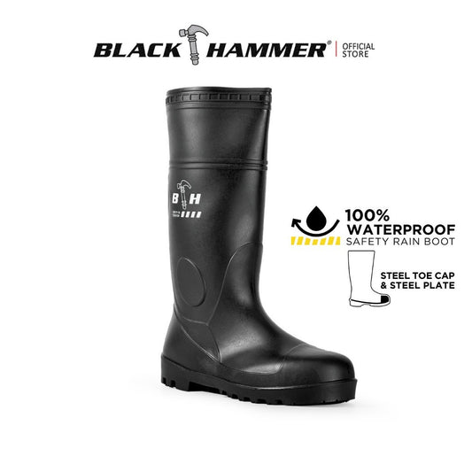 Black Hammer Safety Rain Boots 35cm with Steel Toe Cap and Steel Midsole BH(LL2) Black
