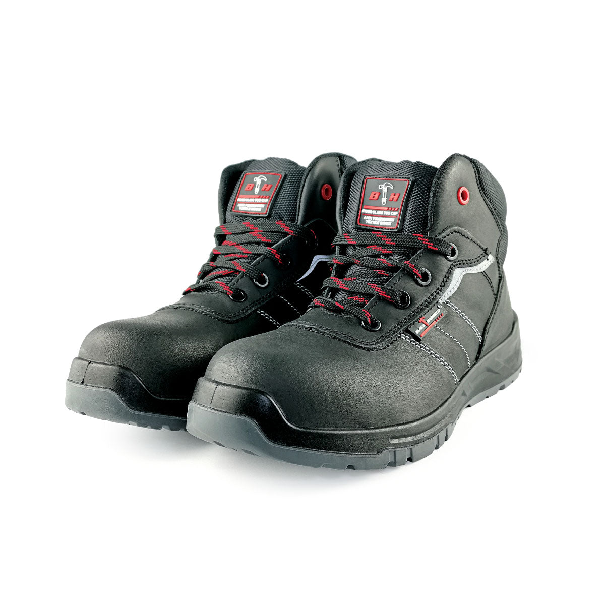 Black Hammer Men Mid Cut with Shoelace Safety Shoes BH-1504-BI - BLACK SAFE OUTLET