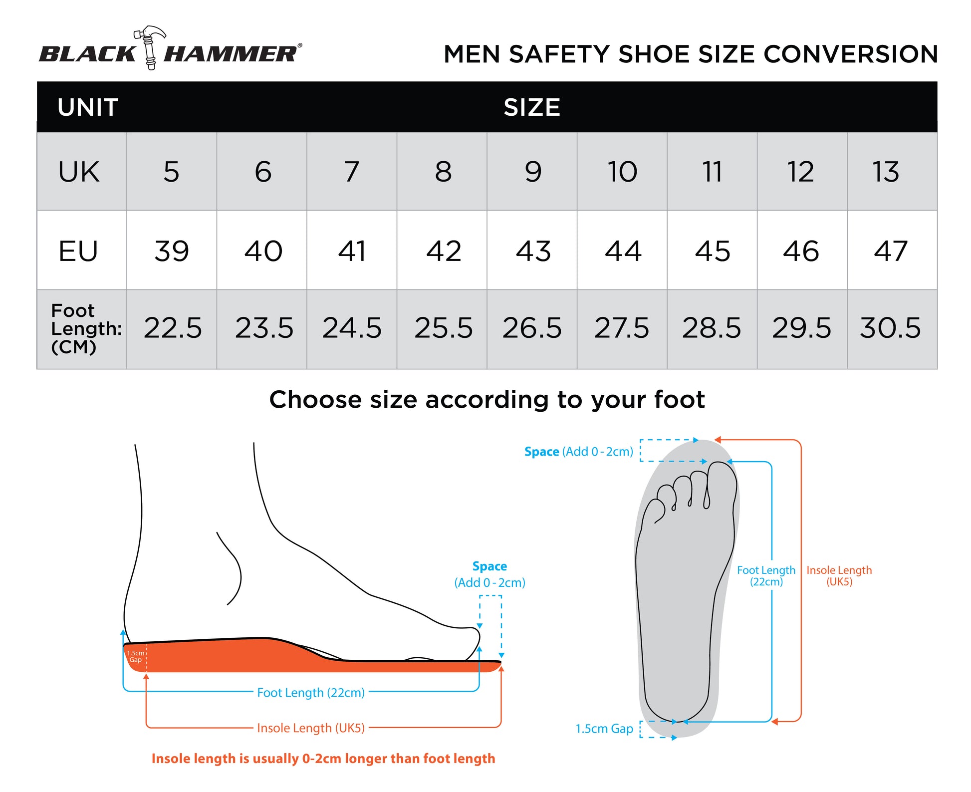 Black Hammer Safety Shoes Size Chart