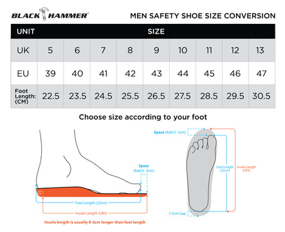 Black Hammer Safety Shoes Size Chart