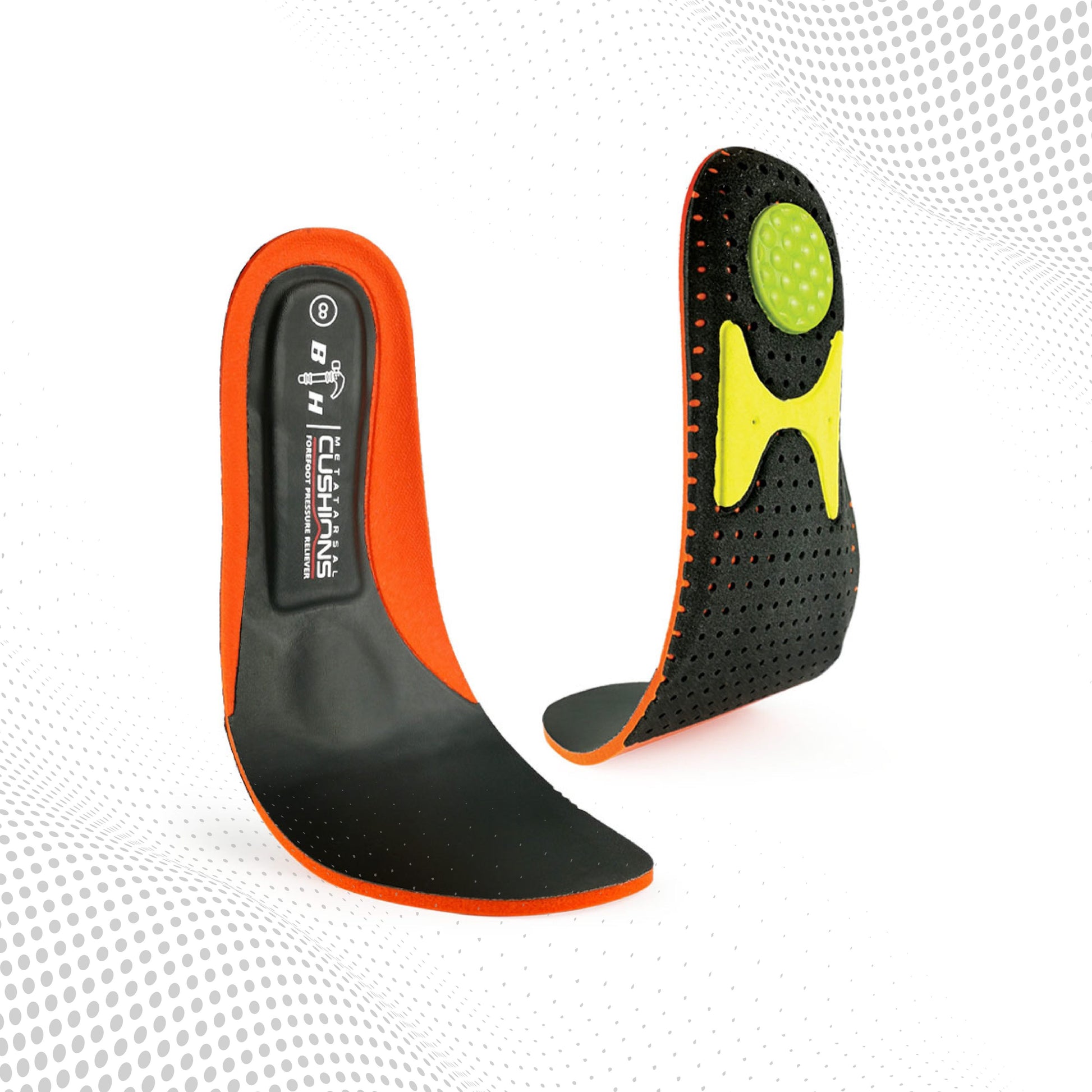 "Experience ultimate comfort with Black Hammer Pro Series Metatarsal Cushions Insole WF6242. Made of PU, featuring additional cushioning for superior comfort, U-shaped heels, and a blend of PU foam, HI-POLY foam, Osole foam, and silicone gel. Unisex design fits all shoe sizes, reduces stress, and ensures year-round comfort."
