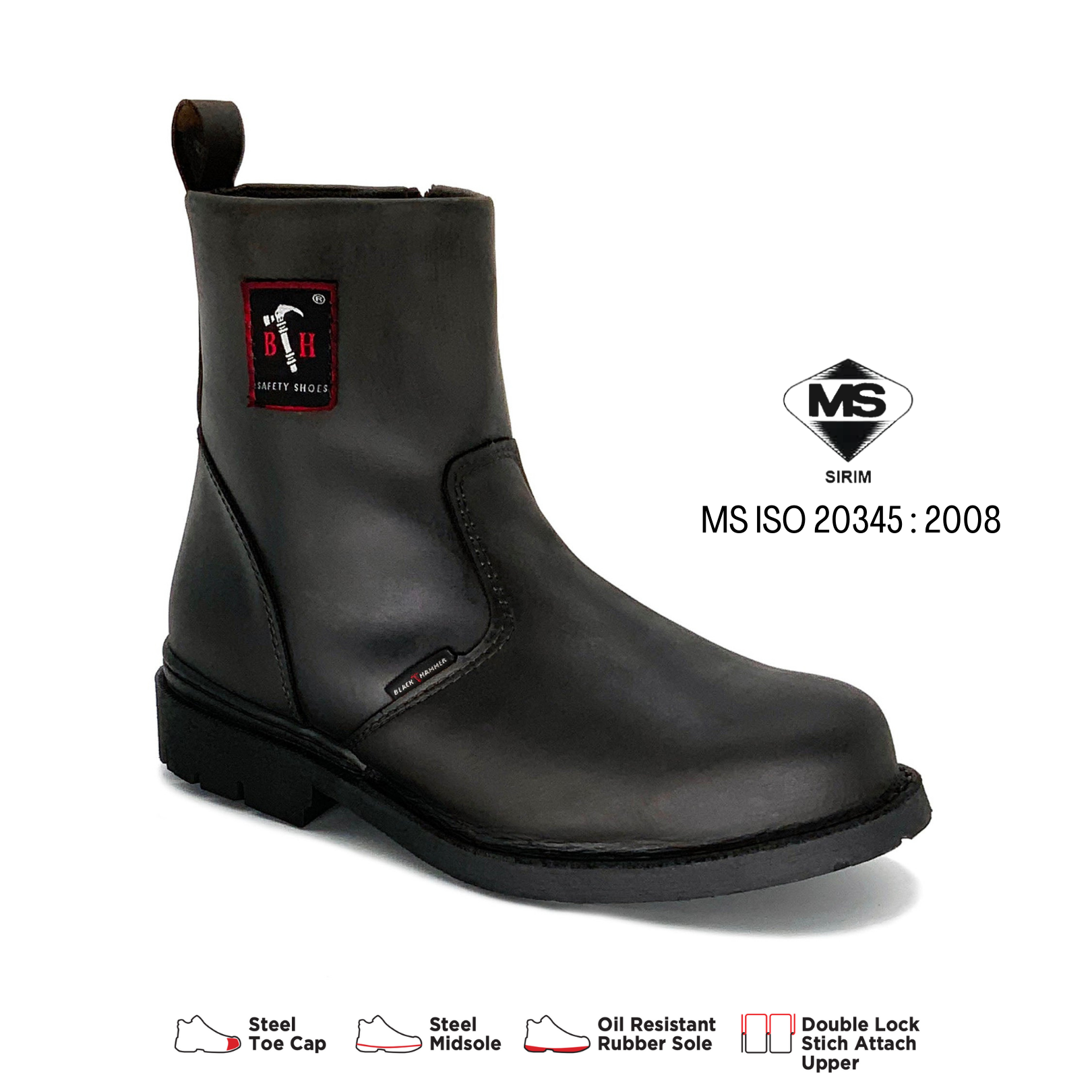 Black Hammer 4000 Series Mid Cut Safety Shoes BH4664 (SIRIM APPROVED) - BLACK SAFE OUTLET