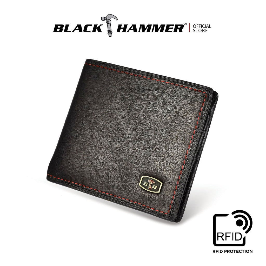Black Hammer Men Genuine Leather RFID Blocking Bi-Fold Wallet BHW23001
