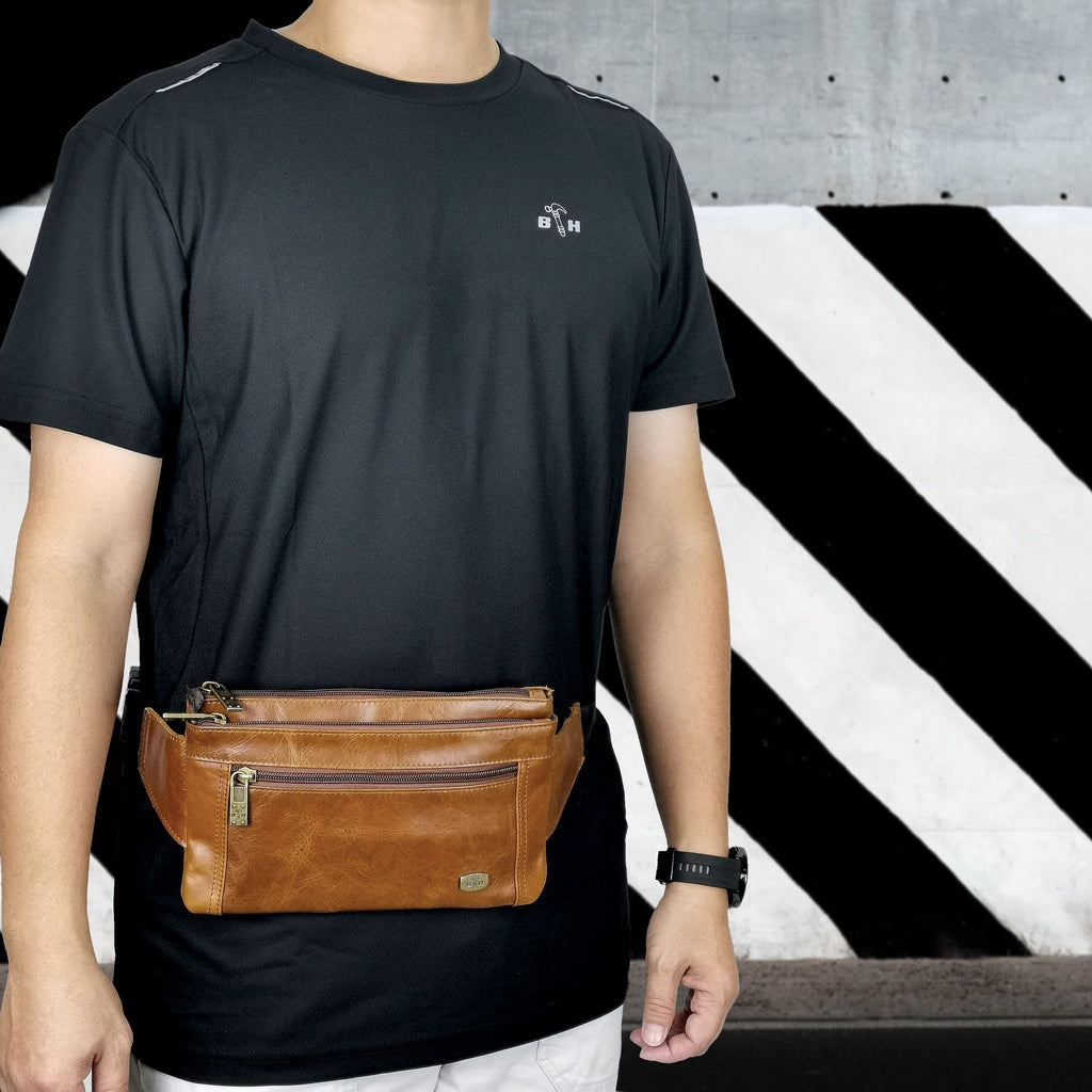 Black Hammer Men Genuine Leather Waist Bag RG9805 - BLACK SAFE OUTLET