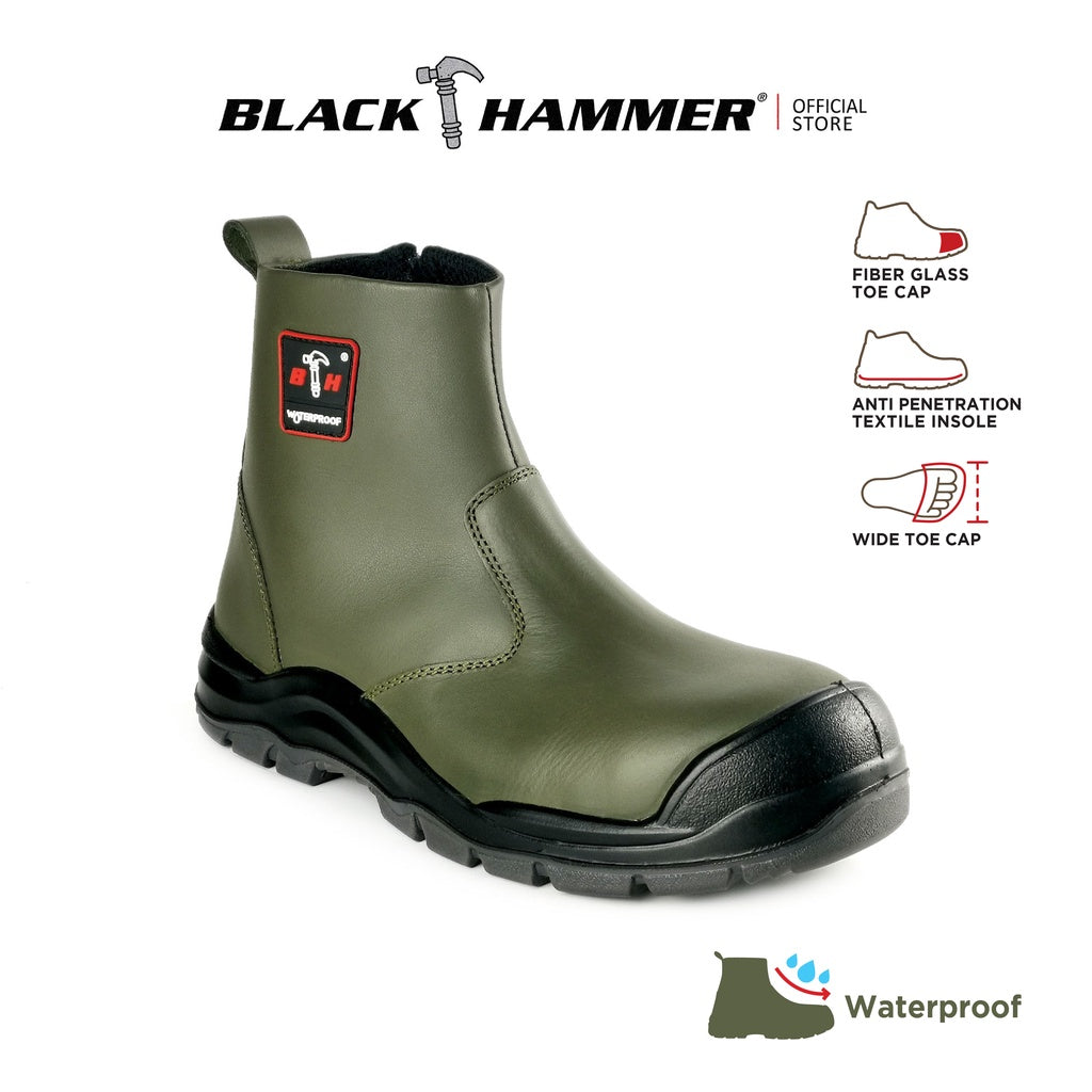 Black Hammer Men WATERPROOF Mid Cut with Single Zip Safety Shoes BH1202