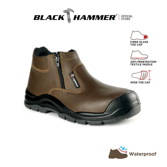 Black Hammer Men WATERPROOF Mid Cut with Double Zip Safety Shoes BH1201